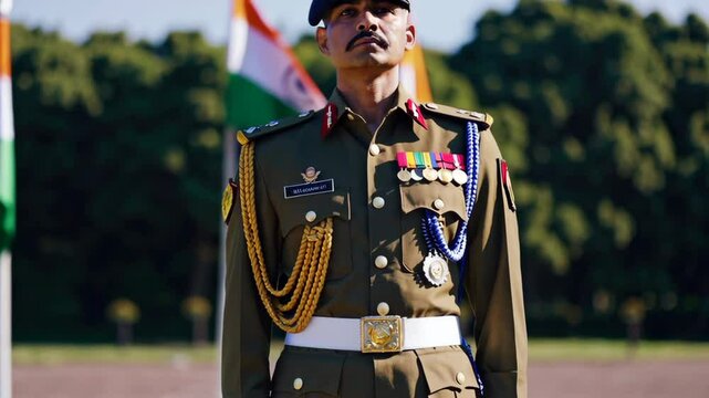 Indian army soldier standing at attention in front of flags