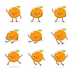 Cute Smiling Orange Character. Kawaii Orange Fruit Mascot Style Vector. Cute vector character set in various action emotions. Collection symbols isolated on a white background