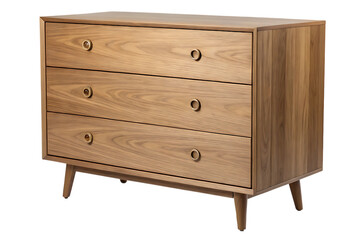 Modern wooden dresser with three drawers on transparent background