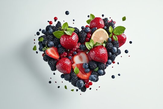 heart-healthy foods to eat daily. Fresh strawberries, blackberries, blueberries, and citrus slices form a heart shape, styled naturally on a white background, symbolizing healthy eating