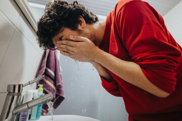 Obraz premium A man in a red shirt is washing his face with water from a bathroom sink, capturing a refreshing morning routine.