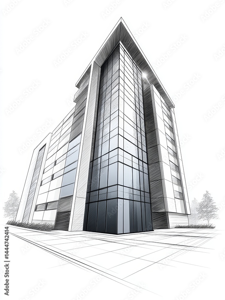 Poster modern architectural sketch: city building design - a modern building sketch, symbolizing urban deve