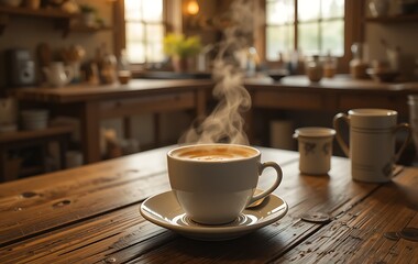 Obraz premium A steaming cup of rich, dark coffee sits on a rustic wooden table, surrounded by scattered coffee beans and a small silver spoon, with soft morning light filtering through a nearby window.