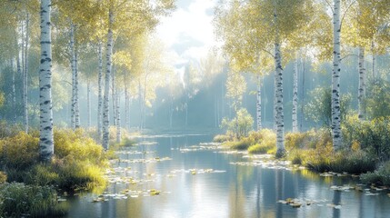 Fototapeta premium Serene Autumn Landscape with Birch Trees Reflecting on Calm River Waters