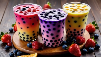 Three vibrant fruit bubble teas with tapioca pearls sit on a wooden board surrounded by fresh berries and fruit slices.