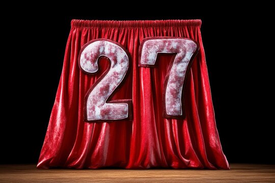 Red velvet curtain reveals large white numbers 27 against a black background. Dramatic lighting and textured fabric.
