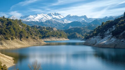 Naklejka premium Snowy mountain lake reservoir landscape