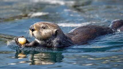 Fototapeta premium Sea Otter Enjoying a Meal in Monterey Bay