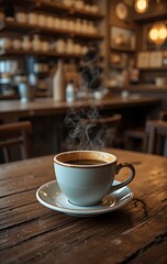 Fototapeta premium A steaming cup of coffee sits on a rustic wooden table, surrounded by scattered coffee beans and a small silver spoon, with sunlight streaming through a nearby window.