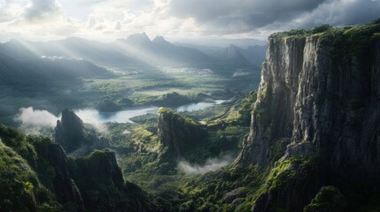 Majestic peaks lush valleys below