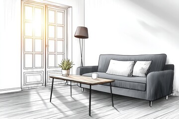 Modern Living Room Sketch Design - Sunlit sketch of a modern living room featuring a gray sofa, coffee table, and floor lamp. Clean lines and minimalist design