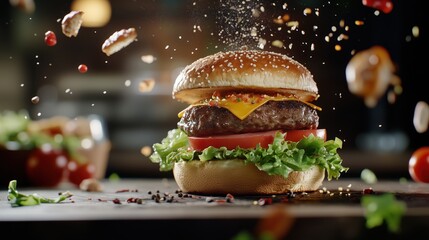 Delicious cheeseburger with flying ingredients, sesame seeds, spices, and bread crumbs