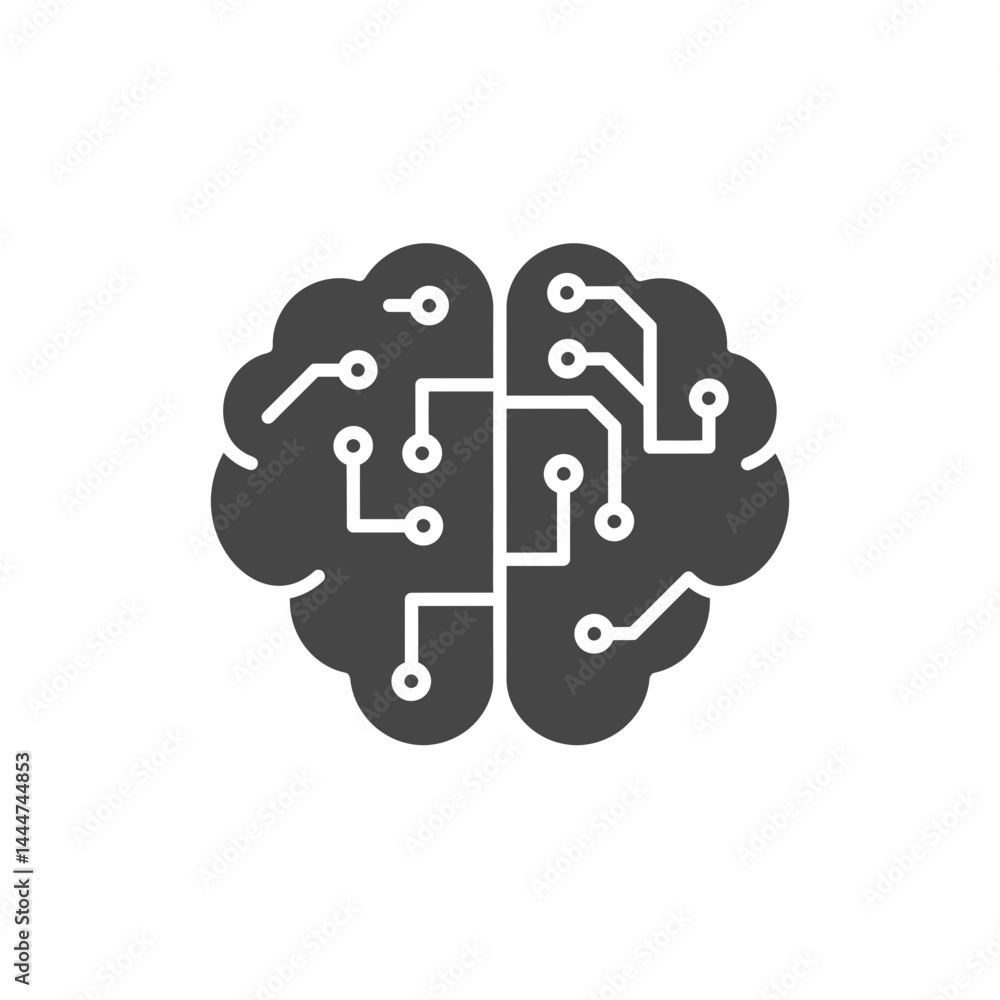 Poster brain with circuit: a high-angle, graphic representation of a brain merging seamlessly with electron
