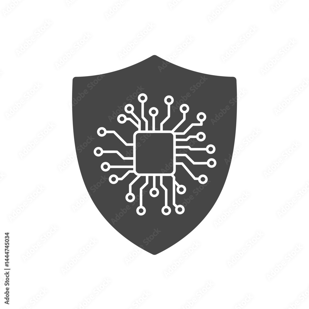 Poster digital fortress: a minimalist illustration showcasing a shield emblazoned with a circuit board, rep