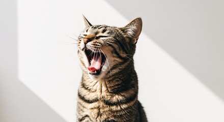 Tabby cat yawning wide on seamless white background in natural light
