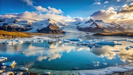 Glacial lake surrounded by snow-capped mountains in Iceland
