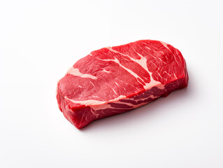 A raw piece of marbled beef steak isolated on a white background, showcasing rich red and white colors.