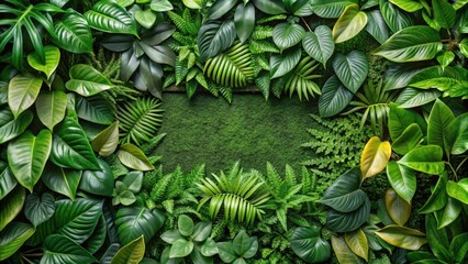 Dense foliage with lush tropical green leaves forming a vibrant mosaic background, dense, foliage,  dense, foliage, jungle