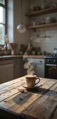 A steaming cup of rich, aromatic coffee sits on a rustic wooden table, surrounded by soft morning light filtering through a nearby window, casting gentle shadows.
