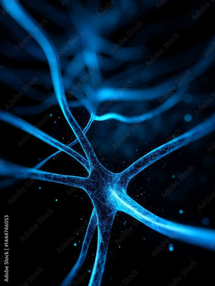Poster neural network connections - abstract close-up of glowing blue neural network connections against a 