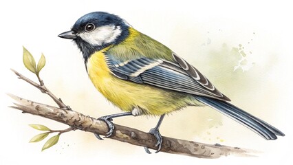 Watercolor painting of a great tit bird perched on a branch with small leaves against a light background created with generative ai