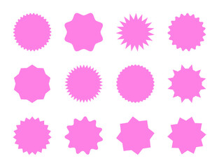 Set of pink starburst price tags, retro sale stickers, sunburst frames, discount labels, and promotional badges for marketing and shopping design needs