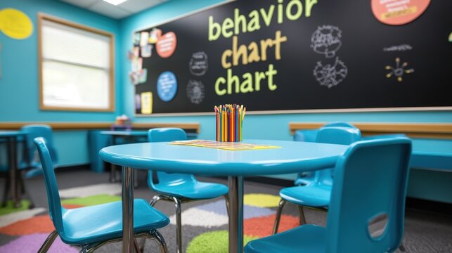 Kids' classroom with behavior chart, teal tables & chairs.  Possible use Educational stock photo