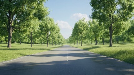 Sunlit Road Through a Green Orchard on a Sunny Day