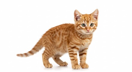 Orange tabby kitten standing on a white background, full-body studio view
