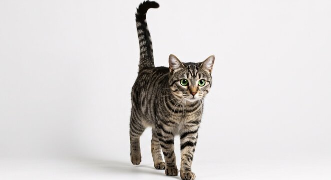 Tabby cat walking forward with confidence on a white seamless backdrop in sharp detail
