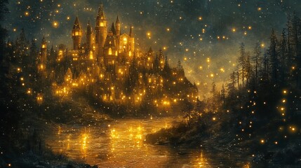 Obraz premium Majestic Castle Illuminated by Moonlight Surrounded by Mystical Night Sky and Starry Atmosphere