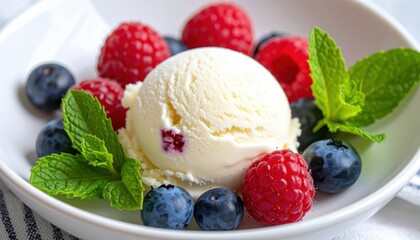 A refreshing scoop of vanilla ice cream served with fresh raspberries, blueberries, and mint leaves in a white bowl