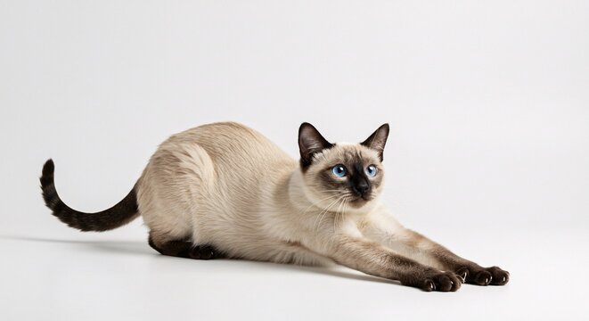 Siamese cat stretching lazily on a seamless white background in high-resolution studio photography
