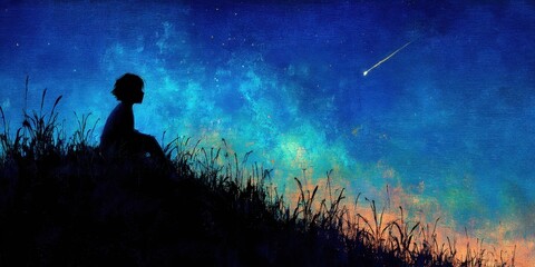 Silhouette of child contemplating starry night sky
