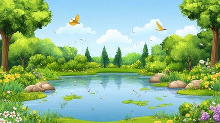 Spring pond, birds flying, lush forest, sunny day, nature scene