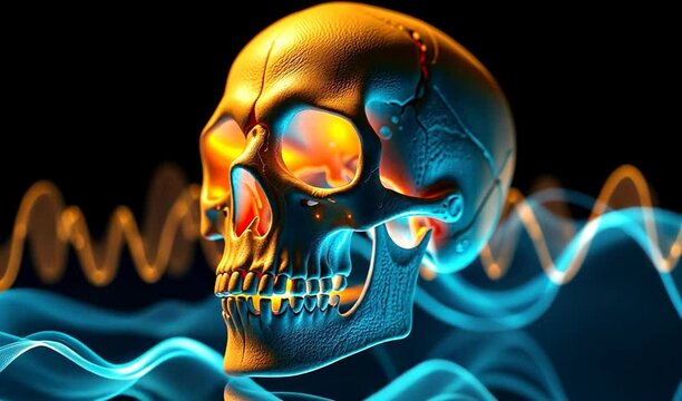 human skull with neon waves