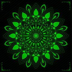 Traditional Floral Mandala Vector Design for Tattoo, Wall Art, Meditation, Decoration, Fabric Print, Packaging, Greeting Card, Ornament, Poster with Green color Stripes