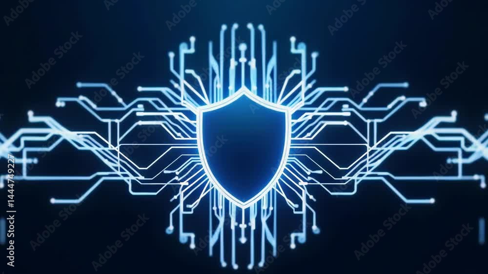 Fototapete abstract illustration of a digital shield symbolizing cybersecurity with circuit patterns in blue to