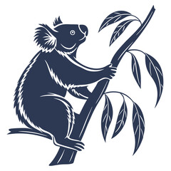Cute Koala Bear Silhouette Clipart Climbing on Eucalyptus Branch, Isolated Shape