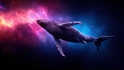 Humpback whale in space full body highly detailed vibrant nebula background surreal fantasy cosmic ocean glowing colors dreamlike imaginative peaceful majestic