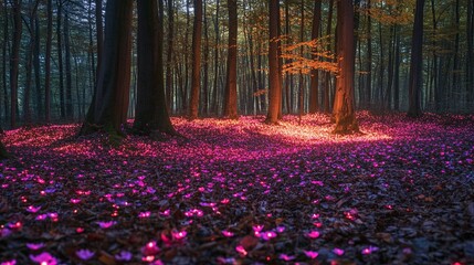 Enchanted forest with glowing flowers on the ground..