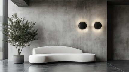 Cozy living room with modern curved couch, plant, and minimalist decor