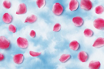 Pink Petals on Blue Sky Background - Delicate pink petals gently falling on a soft blue sky background, creating a serene and romantic . Perfect for backgrounds, wallpapers, or design projects