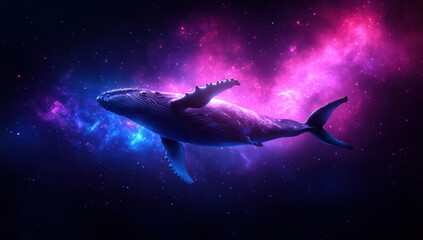 Humpback whale floating in vibrant space, full body, highly detailed, glowing with cosmic colors, surreal and dreamy atmosphere, fantasy wildlife art