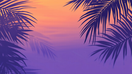 Obraz premium Palm fronds casting silhouettes over rippling tropical water reflecting vivid orange and purple sunset hues. Nature and relaxation concept 