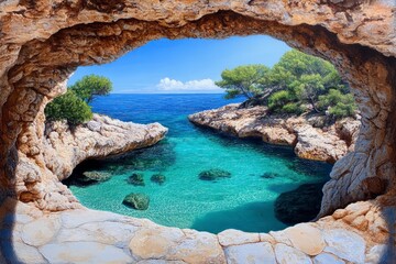 Naklejka premium Serene Coastal View Through a Rock Archway