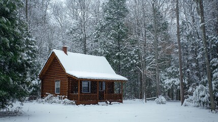 Snowy cabin in woods, realistic, cinematic light, sharp focus.