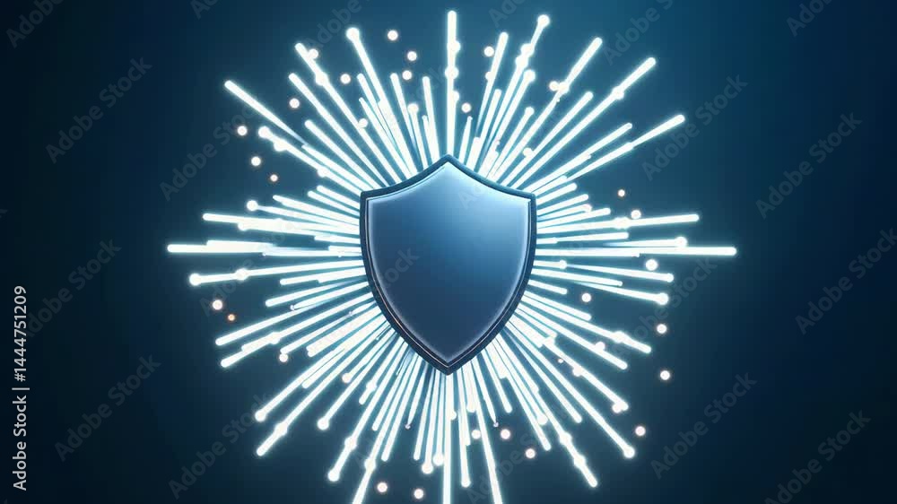 Poster abstract digital shield design with radiant lines and glowing particles, symbolizing protection and 