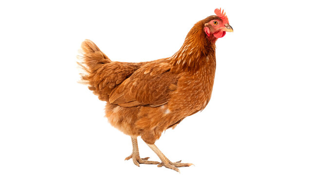 Full body of brown chicken hen standing isolated transparent background