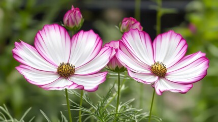 Obraz premium Two White Cosmos Flowers with Pink Edges in a Garden